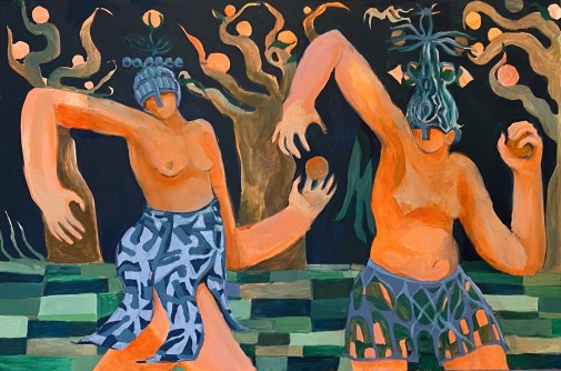Julia Woronowicz, Szamanki zbierające mandarynki, 2021, olej, akryl, płótno, 100 x 150 cm