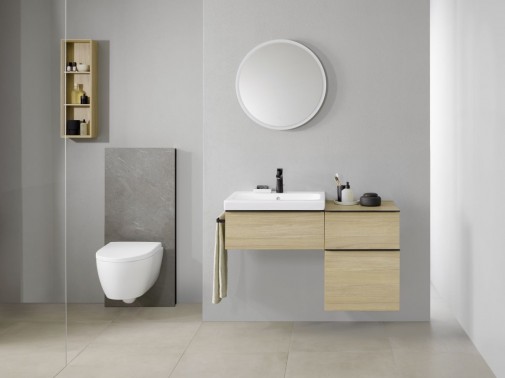 iCon Bathroom with lay-on washbasin, Monolith Plus light off, WC iCon wall-hung white matt