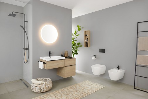 2023_iCon Bathroom with lay-on washbasin white matt, WC wall-hung white matt, Bidet wall-hung white matt, Option Mirror Round 60 light on_1_Big Size