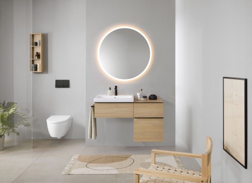 2023_iCon Bathroom with lay-on washbasin, WC wall-hung white matt, Option Mirror Round 90_lights on 1_Big Size