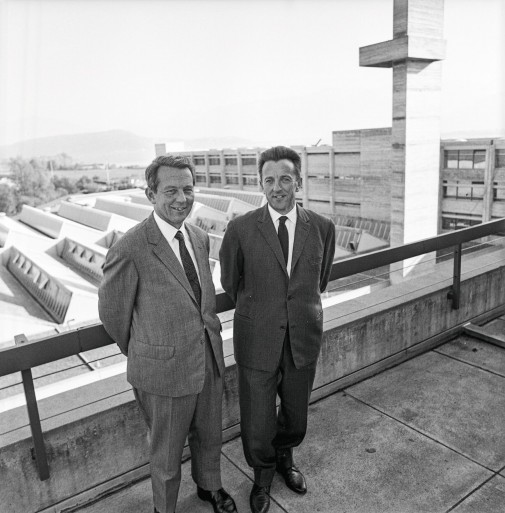 Heinrich and Klaus Gebert on the roof of Jona plant   early 1970s (HISTORY 150YoT)
